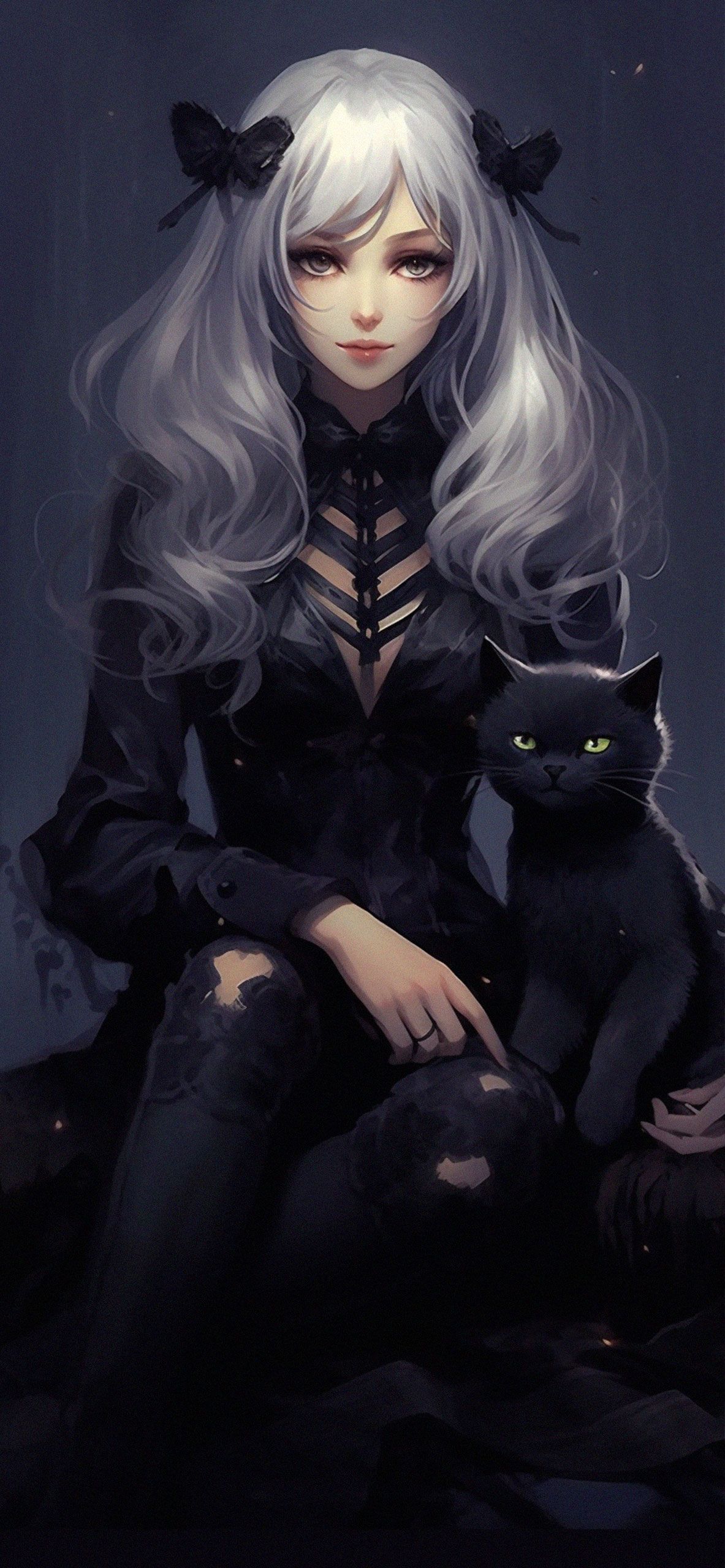 1183x2560 Beautiful Girl and Black Cat Anime Wallpaper