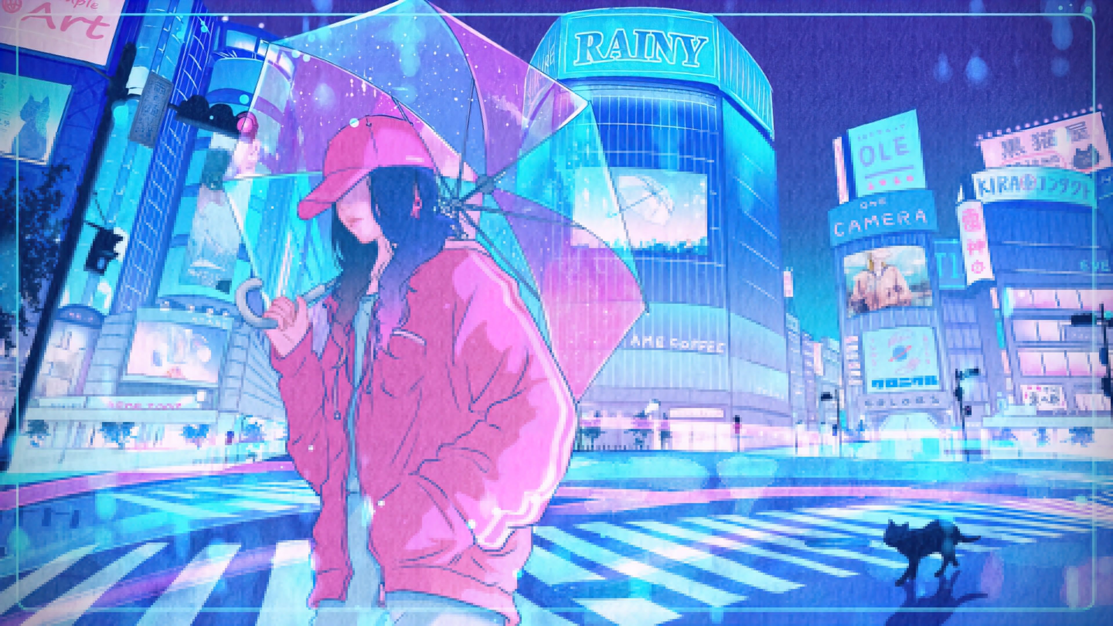 3840x2160 girl, cat, walking, in street, umbrella, raining, digital art, 4k, pc Gallery HD Wallpaper