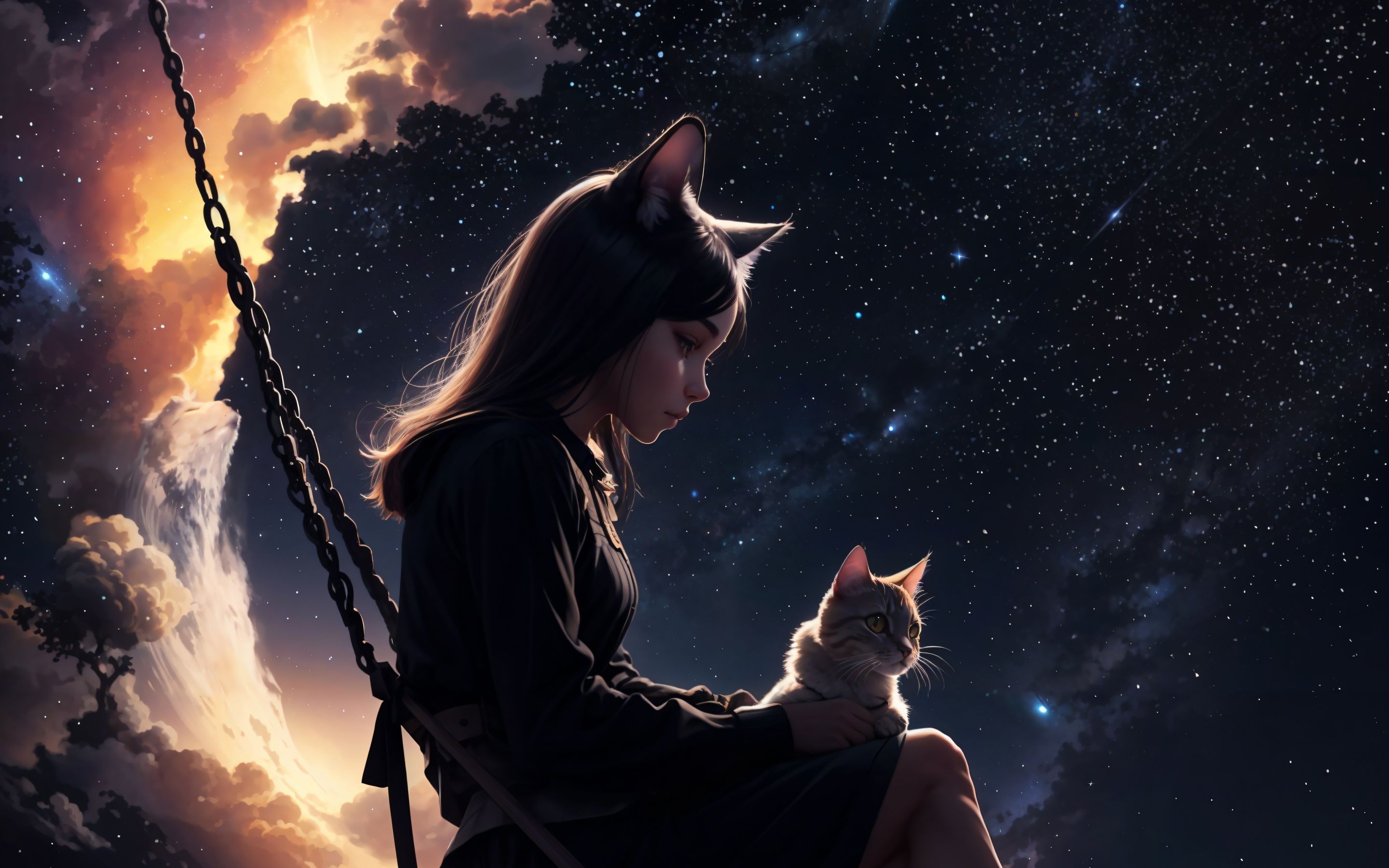 2880x1800 Cute Girl Wallpaper 4K, Kitten, Dream, Surreal, Night sky
