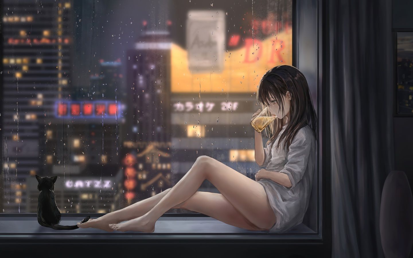 1440x900 Wallpaper 4k Anime Girl Cat Raining Wallpaper
